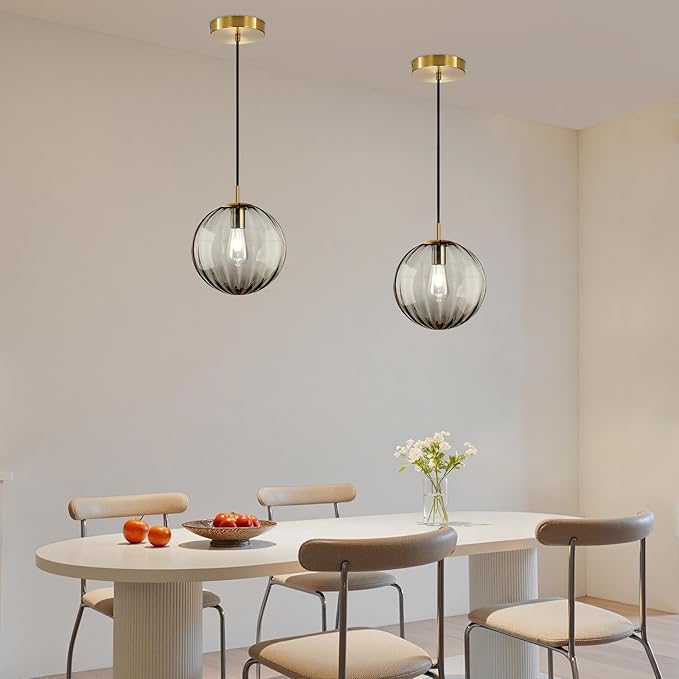 Modern Smoke Grey Glass Pendant Light, Kitchen Island Lighting 2-Pack Globe Pendant Light Fixtures Century Kitchen Island Pendant Lighting for Bedroom Living Dining Room Light Fixture (Without Bulb)