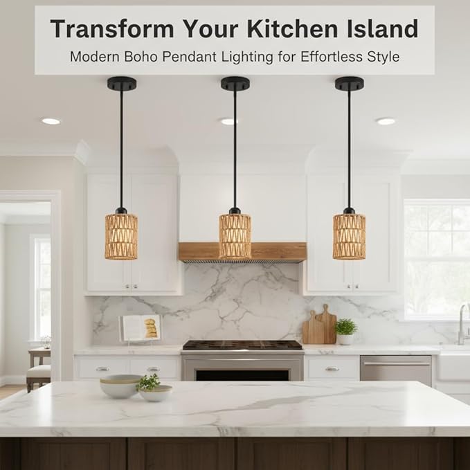 Rattan Pendant Light – 6 Inch 2-in-1 Boho Hanging Fixture with Iron Rods & Linen Shade, Adjustable Height & Sloped Ceiling Compatible for Kitchen Island Dining Room Farmhouse Bedroom, 3 Pack