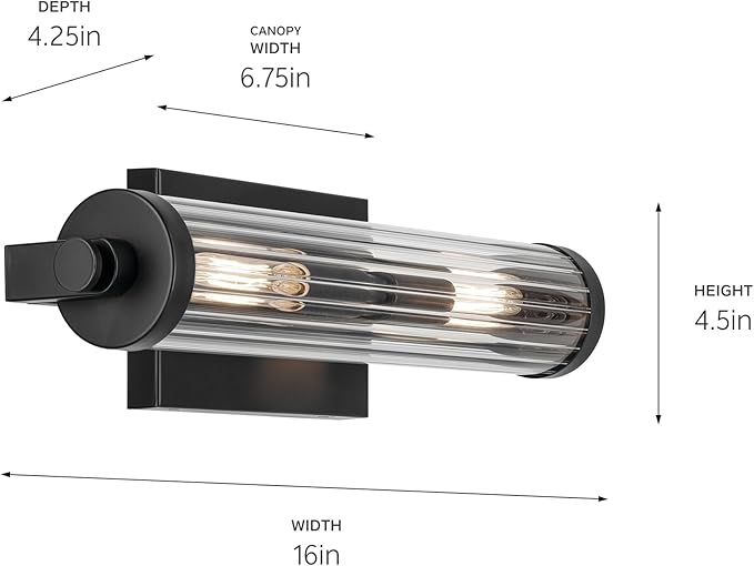 KICHLER Azores 16" 2-Light Wall Sconce, Vintage Industrial Light with Clear Fluted Glass in Black, for Hallways, Bathroom, Laundry Room, or Kitchen (16" x 4.5"), 45648BK