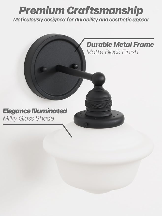Black Wall Sconce Minimalist Vintage Bathroom Wall Sconce Light with Frosted Milk Glass Farmhouse Bathroom Vanity Lights for Living Room Bedroom Hallway E26 Hardwire