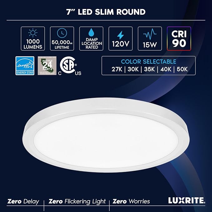LUXRITE Slim 7 Inch LED Flush Mount Ceiling Light, 15W 1000LM, 5CCT 2700K 3000K 3500K 4000K 5000K, Dimmable LED Ceiling Light, Damp Rated, Energy Star, Title 24