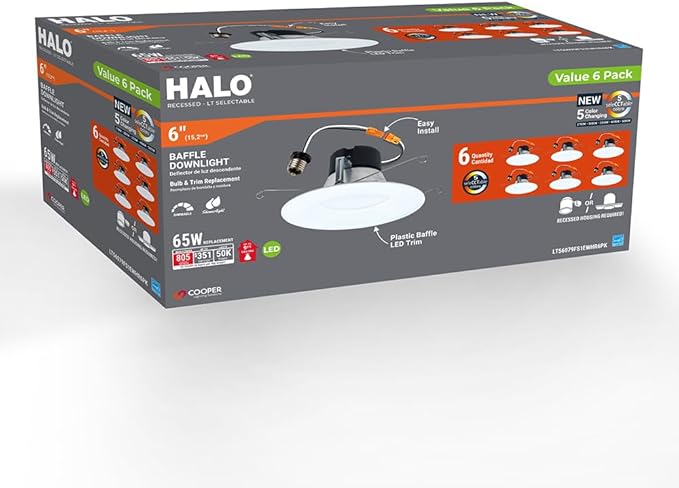 HALO 5 inch / 6 inch LED Recessed Light Trim with 5 Color Temperatures, Dimmable Baffle Can Lights for Ceiling, 6-Pack. 750 Lumens LT56079FS1EWHR6PK