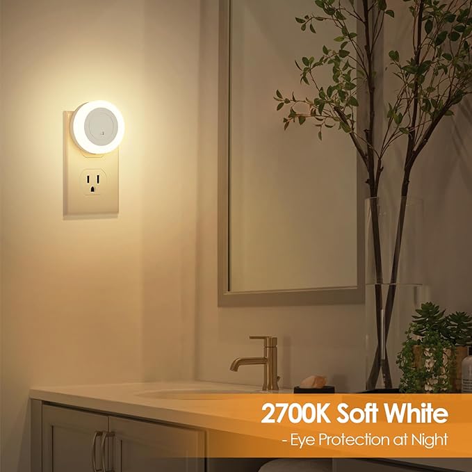 FOLKSMATE LED Night Lights Plug in, Dimmable Nightlight Plug Into Wall with Light Sensor, Soft White Adjustable for Adults, Bedroom, Bathroom, 2-Pack