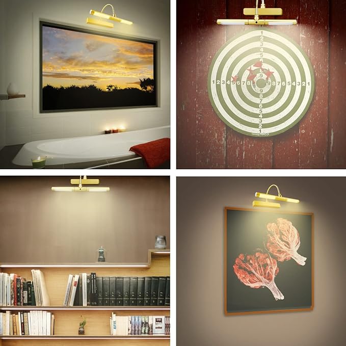 LUXSWAY Wireless Picture Light with Remote Control,Battery Operated Painting Light with Dimmable & Timer,180° Adjustable Head for Wall Art,Canvas Paintings,Portrait Displays-Gold