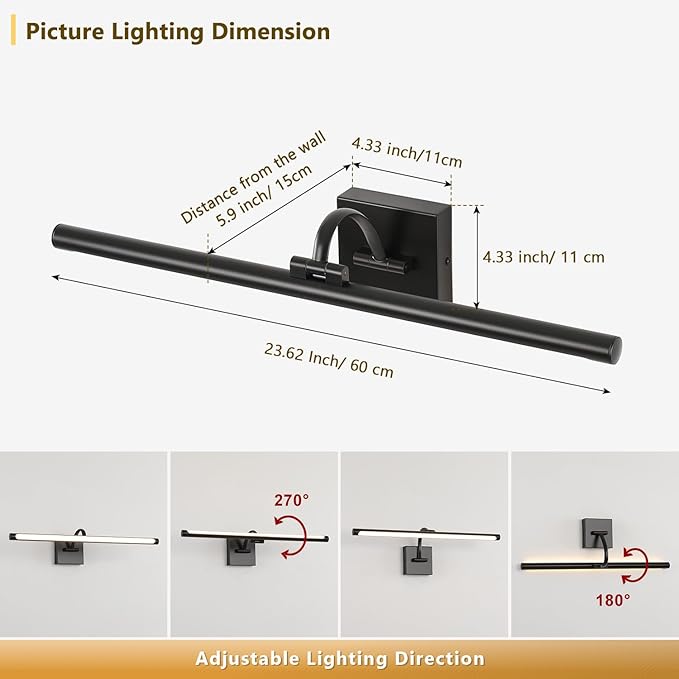 DESOOP Black Picture Lights for Wall Hardwired LED Picture Lighting Dimmable Gallery Light Art Light for Wall Portrait Artwork 23.62 inch 14W Warm White