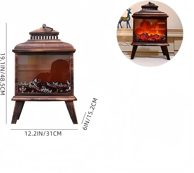 Simulated LED Fireplace Lantern USB & Battery Powered Flameless Light with Emulation Flame Table Decorative Lamp Copper Fireplace Ornament for Cozy Home Decor Free Standing Electric Log Burner
