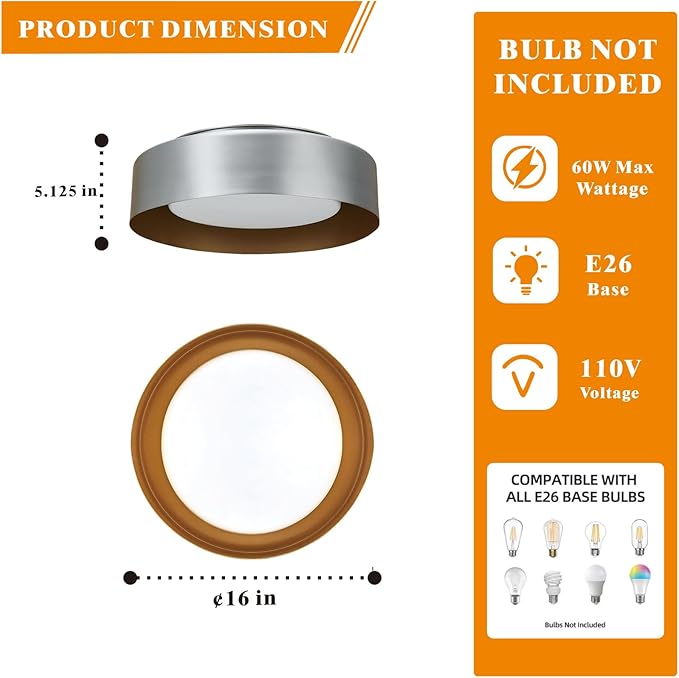 16in Ceiling Light,3-Light E26 Bulb Type,Frosted Glass Lampshape，Large Modern Flush Mount Lamp Fixture for Living Room Bedroom Kitchen Hallway Foyer, Silver Gray