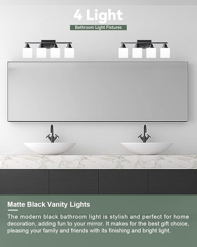 Sailstar Vanity Light Fixtures, Matte Black, Over Mirror, Modern Bathroom Light, Anti-Rust Nickel Finished, 4-Light, E26 Standard Sockets, Easy Installation, 24 Months Replacement