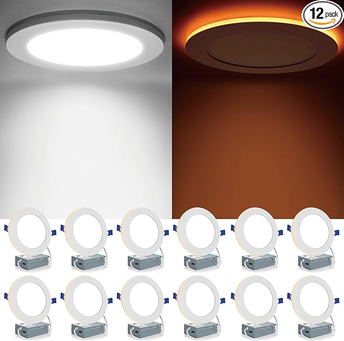 Meconard 12 Pack 6 Inch 5CCT LED Canless Recessed Lighting with Night Light, 2700K/3000K/3500K/4000K/5000K Selectable Ultra-Thin LED Ceiling Lights, 12W=110W, 1050LM, Dimmable Wafer Downlight ETL&FCC
