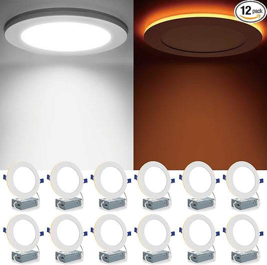 Meconard 12 Pack 6 Inch 5CCT LED Canless Recessed Lighting with Night Light, 2700K/3000K/3500K/4000K/5000K Selectable Ultra-Thin LED Ceiling Lights, 12W=110W, 1050LM, Dimmable Wafer Downlight ETL&FCC
