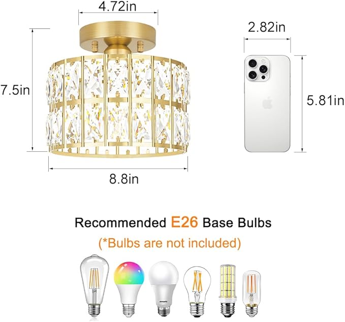 Crystal Ceiling Light Fixture, Modern Brushed Gold Semi Flush Mount Ceiling Chandelier Light for Hallway Entryway Kitchen Bathroom, Small Chandelier Light for Bedroom Closet, 1-Light, 9 Inch