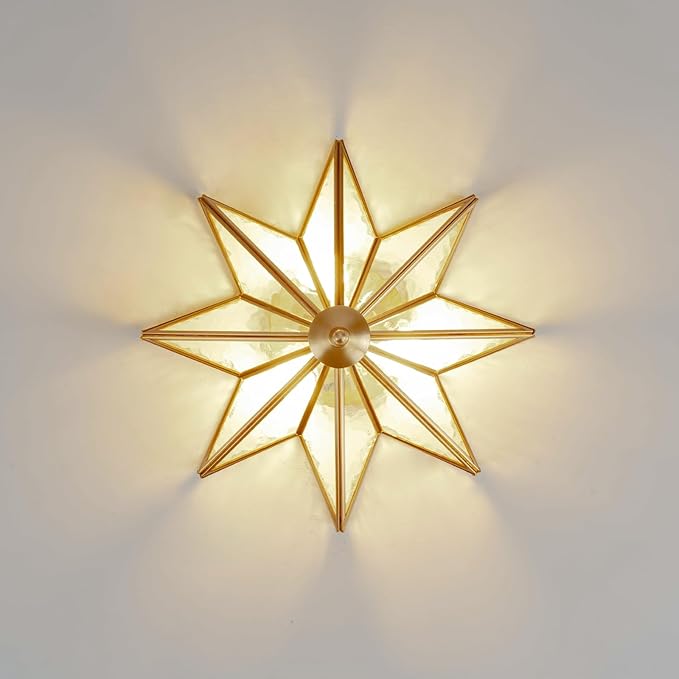 Brass Flush Mount Ceiling Light with Ceramic Light Socket, Star Shaped Ceiling Light Fixture, Mid Century Glass Ceiling Mount Lamp for Entryway, Hallway, Nursery (Rippled Glass, 15.7")