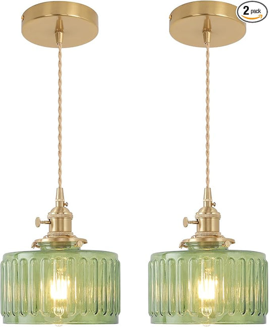 Shenmoyl Pendant Light 2 Pack with Green Striped Glass Lmapshade, Brass Vintage Pendant Light Adjustable Hanging Light for Kitchen Island Dining Room Hallway