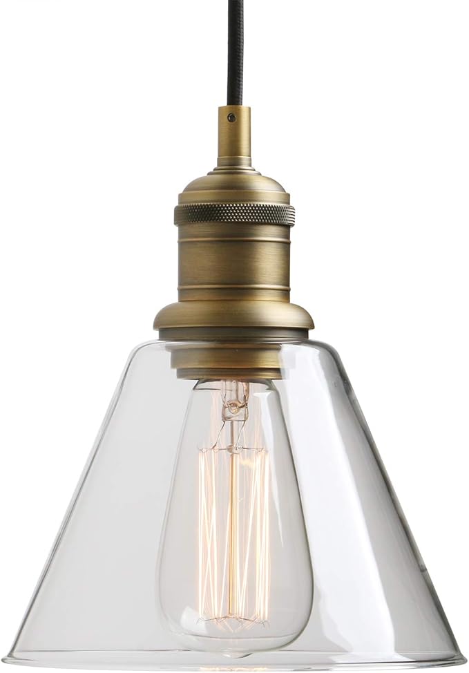 Yosoan 1-Light Vintage Edison Hanging Pendant Light, Mini Funnel Flared Glass Clear Glass Shade for Kitchen Bathroom Porch Living Room Dinning Room Office Restaurants Hotels Bar Island (Antique)