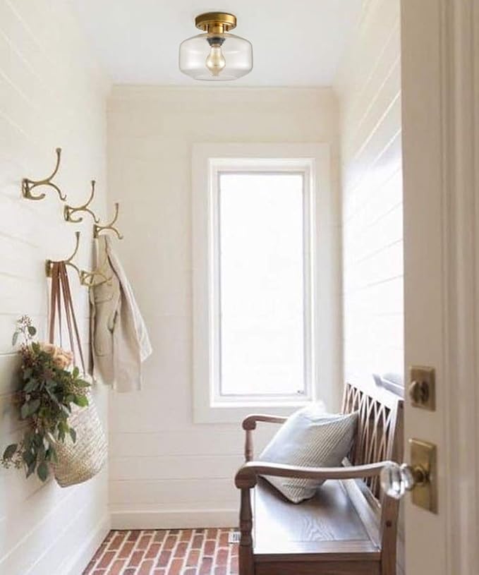 Modern Small Semi Flush Mount Ceiling Light Glass Brass Gold Ceiling Lights Hallway Fixtures, 1-Light