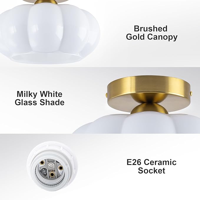 9.84" Mid-Century Modern Semi Flush Mount Ceiling Light,1-Light Brushed Gold Ceiling Light Fixture with Opal Milky White Glass Shade,Dimmable Mini Bedroom Light Fixture for Kitchen,Hallway,Entryway