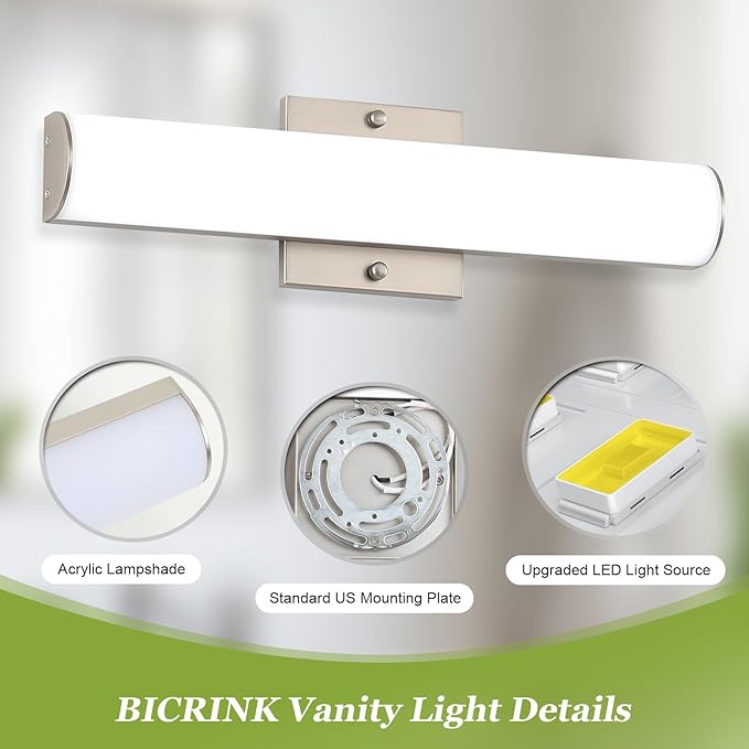 15.74" Modern Brushed Nickel Vanity Light Bar - 18W Dimmable LED Bathroom Lighting Fixtures Over Mirror, Wall Mount Bath Lights