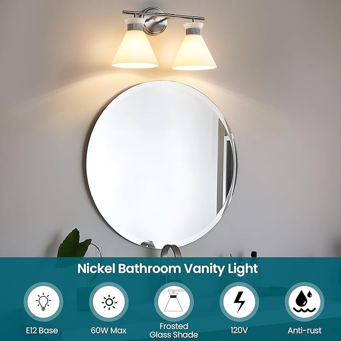 WOSHITU Bathroom Vanity Light Fixtures - Brushed Nickel Bathroom Lighting Fixtures Over Mirror 2-Lights with Modern Milky White Frosted Glass Shade, Mid Century Wall Light 17.3in (Exclude E26 Bulb)