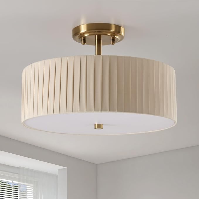 13.8 Inch Semi Flush Mount Ceiling Light Fixture, 3-Light Modern Farmhouse Drum Pendant with Fabric Shade for Bedroom Hallway Entryway Living Room (Oatmeal Pinch Pleated+Brushed Bronze)