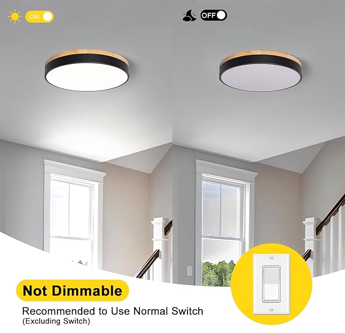 Modern Wood Black Flush Mount Ceiling Light, 15.74" Round LED Low Profile Close to Ceiling Fixture for Kitchen Bedroom Bathroom Laundry Hallway Entryway Closet Living Room