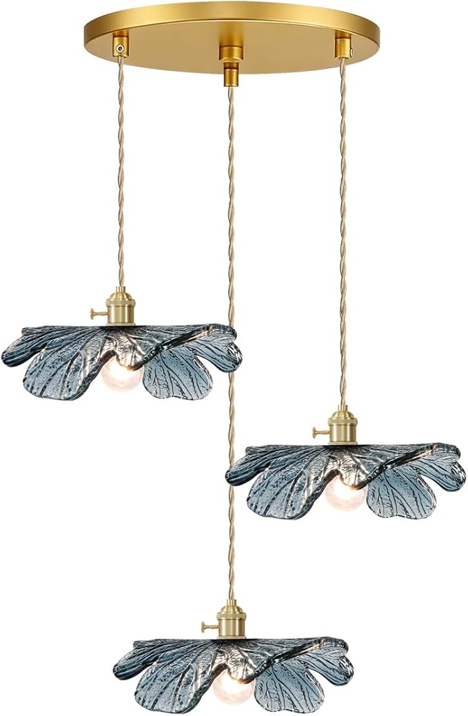 3-Cluster Chandelier Blue Glass Ceiling Pendant Light Fixtures Mid Century Adjustable Gold Brass Chandelier Lighting for Dining Room Living Room Kitchen, E26 Base