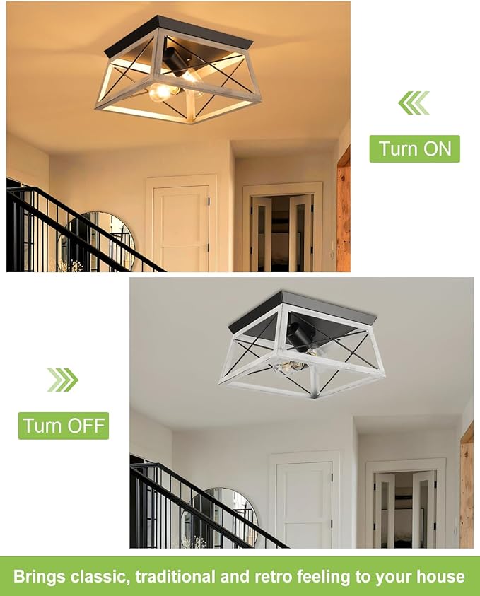 Farmhouse Flush Mount Ceiling Light Oak White Ceiling Light Fixtures 2-Light Industrial Vintage Metal-Framed Ceiling Lighting for Hallway Foyer Kitchen Dining Room Bedroom Living Room Laundry