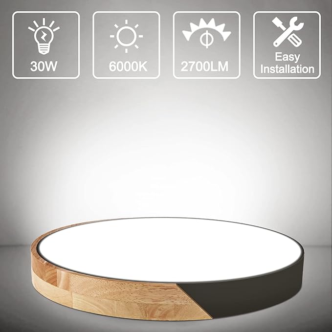 Led Ceiling Light Flush Mount: 15.8 Inch 30W Bedroom Light Fixture with Round Wood Modern Black Flat Overhead Minimalist Ceiling Lamps for Kitchen Hallway Laundry Cold White 6000K, Not Dimmable