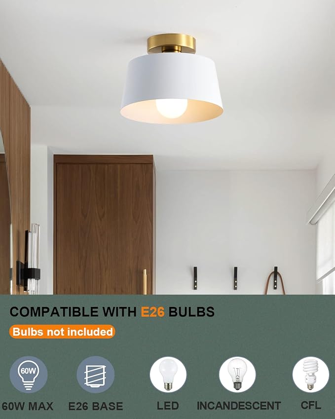 Ceiling Light Fixture, Hallway Ceiling Light with Gold Plate and White Shade, Modern Simple Style Porch Light Fixtures Semi Flush Mount (2 Pack White)