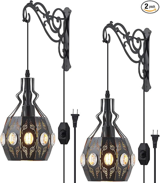YLONG-ZS 2PK Crystal Plug in Wall Sconce Hanging Lamp Shelf Dimmable Wall Sconces Adjustable Wall Lights with Wall Sconces Wall Mount Plug in Lamps for Bedroom Living Room