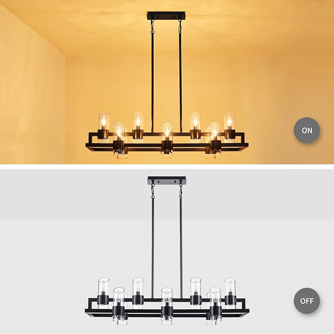 WUZUPS Island Rectangle Chandelier 10-Light with Clear Glass Industrial Modern Farmhouse Linear Light Fixture for Dining Room Kithen Island, Width 42.5" Height 10.4", Black