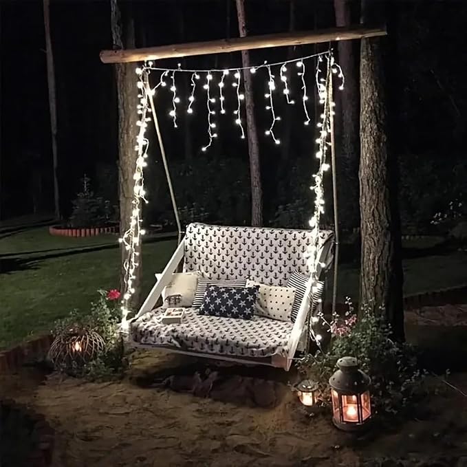 Sherno 1Pcs LED Solar String, 8 Modes Icicle Curtain Lights, Outdoor Fairy Lights for Christmas, Garden, Party Decoration (White, 137.8inch 96LEDs)