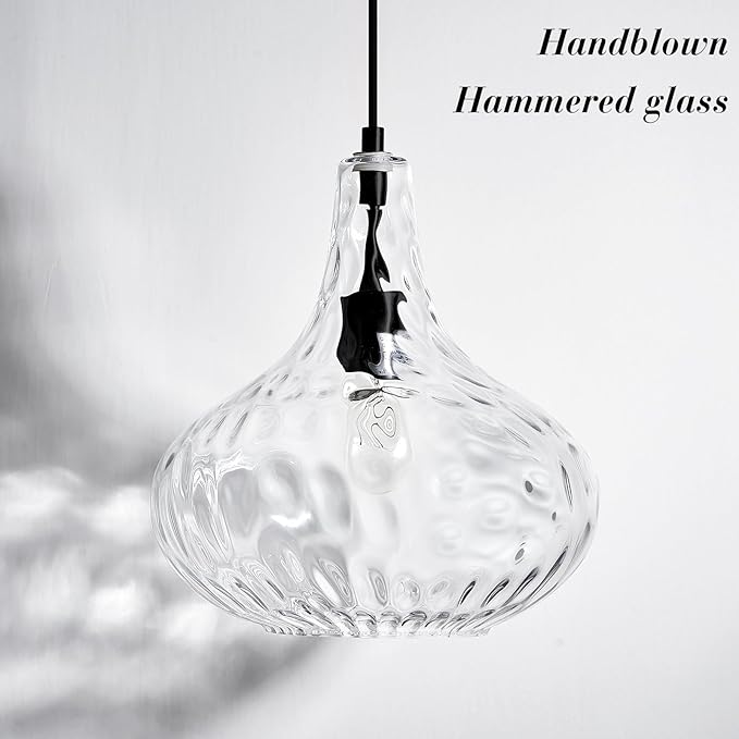 Glass Large Pendant Lights for Kitchen Island Blown Glass Pendant Light Clear Hammered Shade Hanging Ceiling Lights with Black Finish for for Kitchen Island, Sink, Hallway, Living Room 11 inch