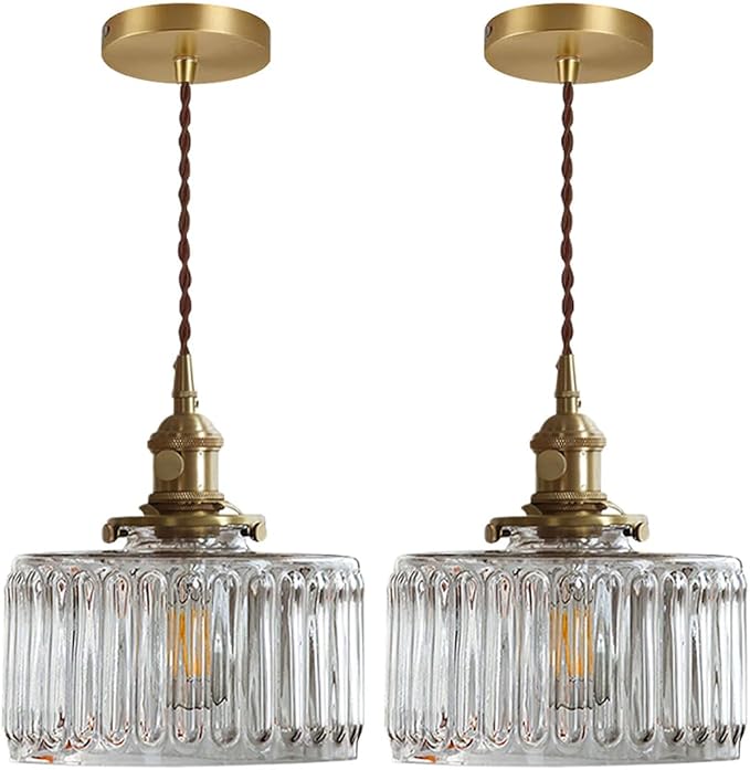 2-Pack Vintage Pendant Light Fixture Gold Pendant Lights Fixtures Clear Kitchen Island Ceiling Hanging Light Round Striped Glass Shade Farmhouse Antique Brass Hanging Pendant Lights