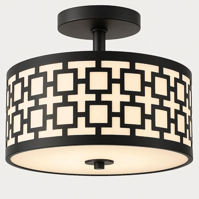 Semi Flush Mount Ceiling LED Light Fixture Hanging with Drum Shade for Dining & Living Room Kitchen Office Shop Entryway & Hallway Modern Chandelier Lamp Brushed Chrome Finish E26 Base