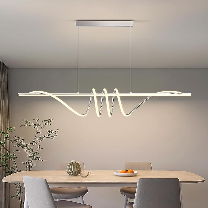 Modern LED Pendant Lights Kitchen Island,3000k-6000K Adjustable Color Dining Room Light Fixture,Dimmable with Remote Control Aluminum for Kitchen, Living, Dining,Bedroom(57in Chrome Silver