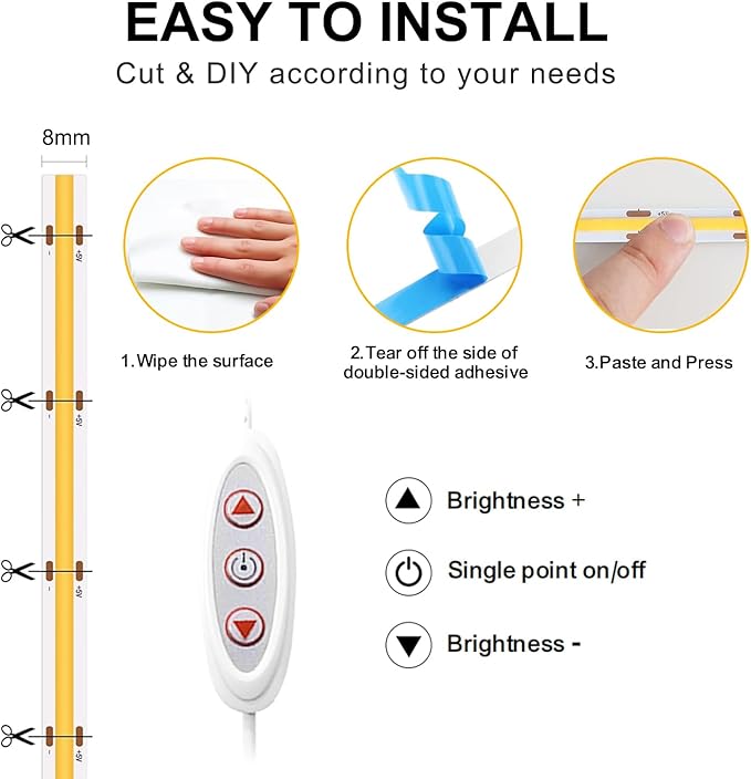 3.3FT COB LED Strip Lights，5V USB Powered LED Tape Lights 8mm Width with App Control，3000K Dimmable Warm White Flexible Light Strip TV Backlight for Bedroom Shelf Under Cabinet Kitchen DIY