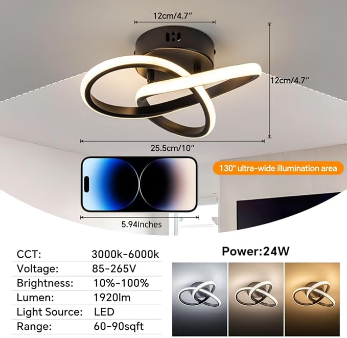 10 Inch Modern Ceiling Light, 24W LED Dimmable Ceiling Light with Remote Control, 3000-6000K Color Temperature Adjustable, Black Small Chandelier for Bedroom, Entryway, Hallway, Kitchen