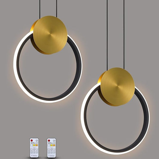 Modern LED Pendant Light Fixtures, Adjustable Height Circular Kitchen Island Light Set of 2, Small Black and Gold Hanging Pendant Light, RC Dimmable Pendant Lighting for Bedroom Entryway Hallway
