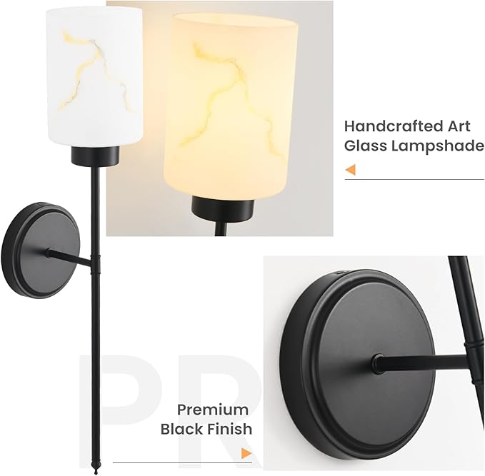 Black Wall Sconces Set of 2 with Marble Glass Shade, Modern Bathroom Vanity Light Fixtures for Bedroom, Hallway, Entryway, Living Room