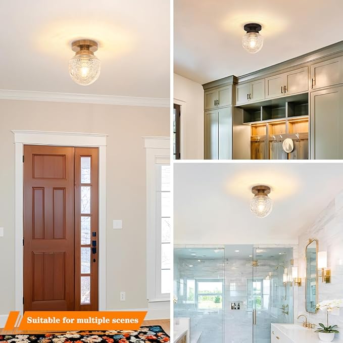 DSMJFU Brass Semi Flush Mount Ceiling Light, Small Hallway Light Fixture, Vintage Close to Ceiling Light Fixture for Bathroom, Entryway, Foyer, Closet