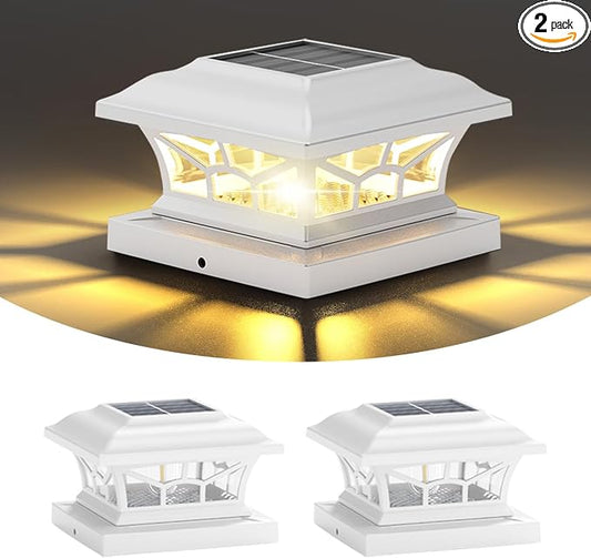 2 Pack Solar Post Cap Lights Outdoor Waterproof, Fits 4x4, 5x5, 6x6 Wooden & Vinyl Fence Decks with Warm & Cool White Light Modes (Classic White, 2)