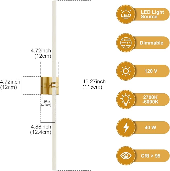 Bathroom Light Fixtures,Gold 40W LED 360° Full Lighting Modern Wall Sconce Vanity Light with 5-Color Dimmable 3000K-6000K, 45.28inch Vanity Lighting for Bath, Powder Room, Bedroom, Hallway