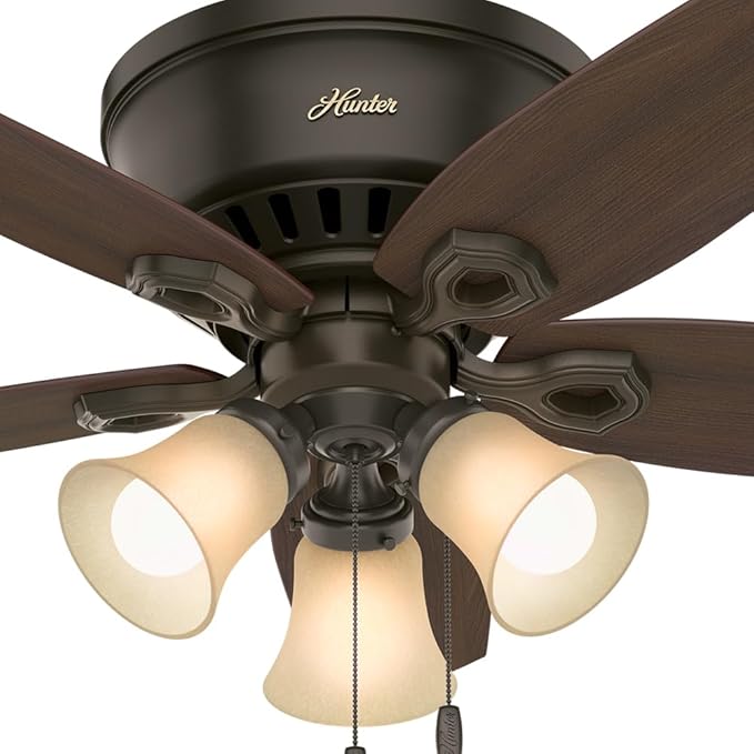 Hunter 42 inch Indoor Ceiling Fan with LED Lights - Bronze Ceiling Fan with Pull Chain, For Bedroom, Living Room, or Kitchen, Low Profile Mount, No Remote, 5 Blades - Builder 51091, New Bronze