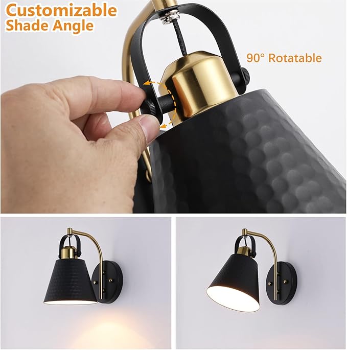 PAZALA Bathroom Sconces Set of 2, Black and Gold Wall Sconces Set of Two, Bathroom Vanity Light with Rotatable Metal Shade, Modern Farmhouse Wall Light Fixtures for Bath Mirror Bedroom Stair Hallway