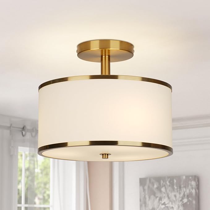 12.6" Semi Flush Mount Ceiling Light Fixtures,3-Light Drum Light,Antique Brass with White Fabric Shade,Light Fixtures Ceiling Mount for Bedroom,Dinning Room,Living Room,Nursery, Kitchen