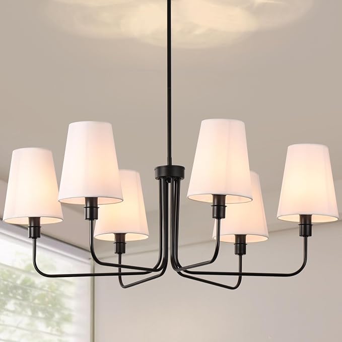 Modern Farmhouse Chandelier Black 6-Light 35.4" Mid Century Dining Room Light with Linen Fabric Shade Adjustable Hanging Ceiling Pendant Light for Kitchen Island Dining Table Bedroom, E12