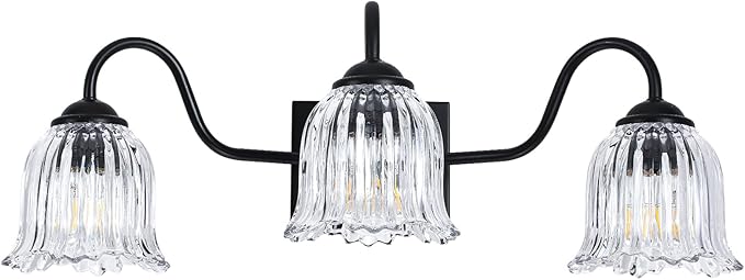 Vintage Bathroom Light Fixture, Black 3-Light Vanity Light Fixtures with Crystal Glass Shades, Matte Vanity Lighting Fixture Modern Wall Sconces for Bedroom Dressing Room Living Room