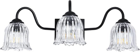 Vintage Bathroom Light Fixture, Black 3-Light Vanity Light Fixtures with Crystal Glass Shades, Matte Vanity Lighting Fixture Modern Wall Sconces for Bedroom Dressing Room Living Room