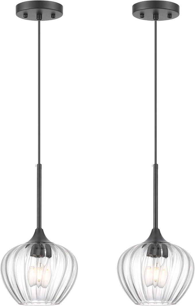 2-Pack Glass Pendant Lights Kitchen Island, 7" Modern Black Glass Pendant Lighting Farmhouse Hanging Light Fixtures for Kitchen, Dining Room, Bathroom, Bedroom