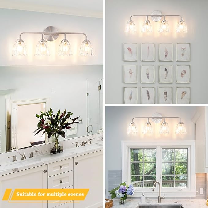 Daunton Vintage 4-Light Brushed Nickel Bathroom Light Fixtures, Elegant Bathroom Vanity Lights Over Mirror, Vanity Lighting with Clear Shade, Art Deco Wall Sconce Lighting for Bedroom